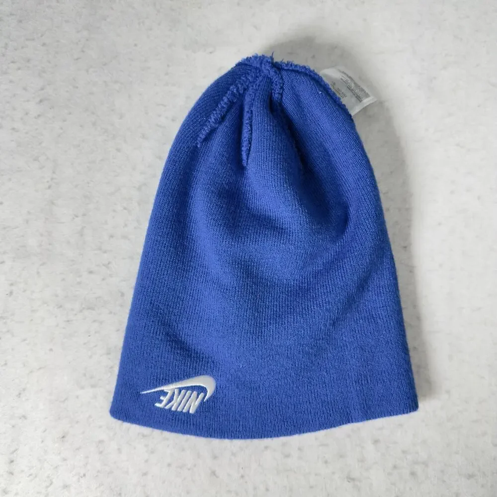 Nike Beanie Ski Hat Youth Blue Grey Stripe w/ Swoosh Logo Knit Cap Winter Cold